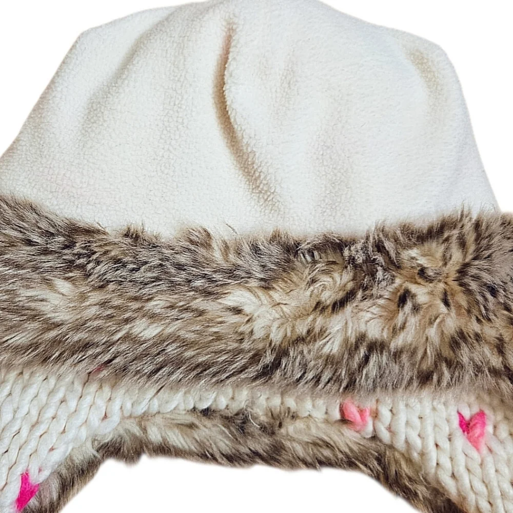 Gap Knit Embroidered Heart Earflap Fleece Lined Hat Faux Fur Trim